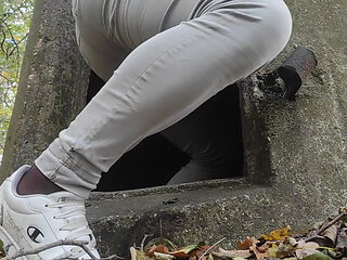 Exhibitionist crossdresser out in the woods in the bunker almost caught giving up slaves