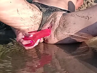 wife lily on beach with dildo and sand in pussy