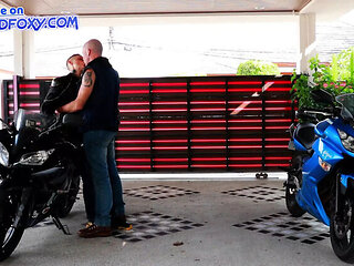 Hot shorthair biker girl gets doggystyle creampie in parking lot - Lisa Fox swallows cum