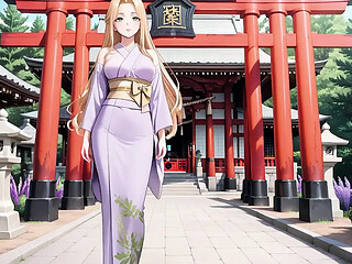Barefoot blonde teased under a red torii gate