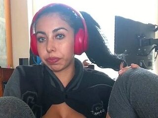 Busty curly brunette with big boobs fucks on couch