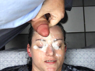 Eyes plastered shut with 2 big loads of cum