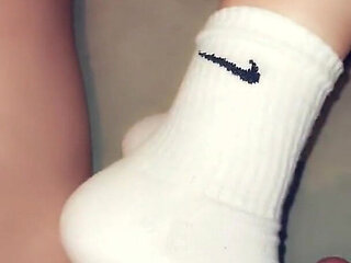 Footjob in Long Socks and Cums on Socks