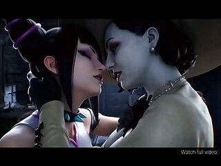 Juri Han x Lady Dimitrescu Lesbian kissing (Street Fighter, Resident Evil /AI generated)