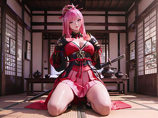 Pink-haired warrior kneeling on tatami, high-slit kimono slipping to reveal snowy thighs.
