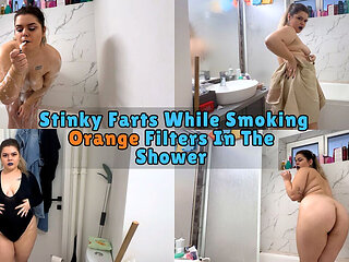 BBW Shower Stinky Farts While Smoking Orange Filters