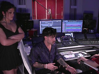 Brunette Latina sucks and eats blonde GF's tits