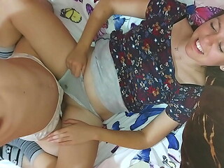 Stepsis plays with stepbrother'_s dick and makes him fuck her tight pussy
