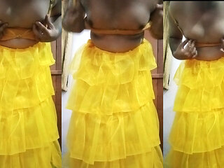 Indian gay Crossdresser Bottom pressing and playing with her big boobs in yellow gown real homemade sex