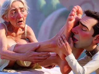 Giantess Old Granny Foot Slave Worship - Tiny Man Licking Her Giant Feet
