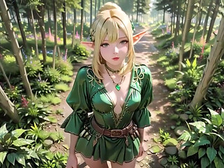 Forest Elf Queen! Kneeling in the Dappled Sunlight, Her Fingertips Tracing the Staff as She Gets Wet.