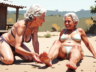 Two Skinny 90 Year Old Grannies - One Licks the Other's Feet in Humiliation