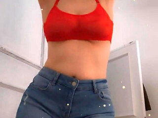 Sheer Red Bra with Tight Little Jean Shorts
