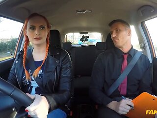 Fake driving school Ginger Big breasts and furry ginger pussy in hot examination bang
