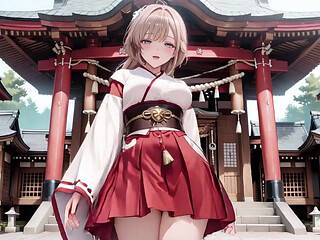 Red & White Miko! Forbidden Encounter at the Shrine, Golden Hair Trembling Under Sacred Robes, From Solemn Kneel to Blurry Gaze