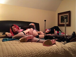 Trans Kelsey Masters Fucked by Fuck Machine While Crossdresser Masturbates