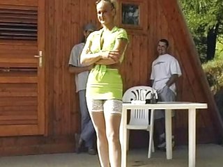 German slut with blonde hair pleasing a dude with sexy pantyhose and shaved pussy