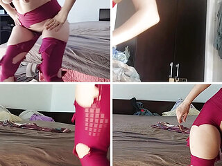 Sexy mom has fun trying on clothes and cutting them. Brunette hairy pussy, big tits.