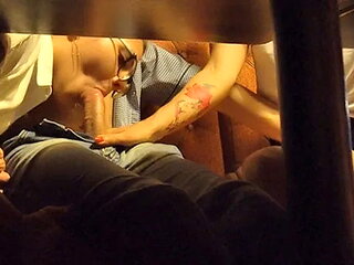 Strangers in a Restaurant. Public Threesome Blowjob