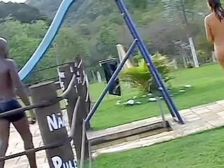 Young cocksucker sucks and fucks black cock by the pool