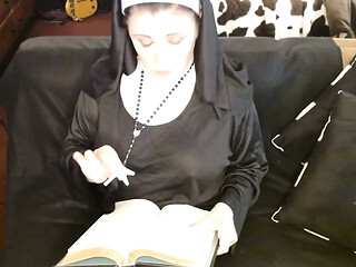 Nun Smoking Ashing in Her Bible Virginia Slims 120