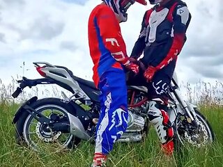 Hot Motocross Boys Cum Near Motorcycle