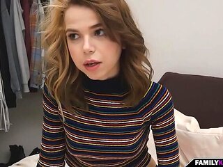 Home Alone with My Slutty Stepsister - Tiny Brunette Gives POV Blowjob