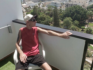 Stroking My Big Dick Outside on the Balcony Moaning for My Baby Girl to Suck Me