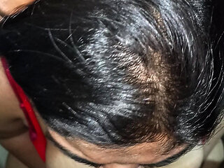 Desi wife in red night dress gives sloppy blowjob & gets hard fuck by husband