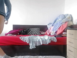 Amateur wife has fun trying on clothes that she cuts herself. Amateur wife dances naked around the house.