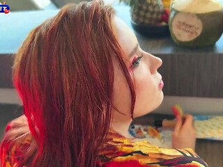 Cheating redhead barmaid takes a big load