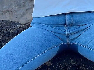 Peeing in Tight Jeans on the Beach