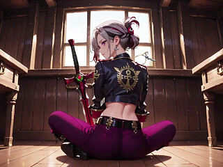 Silver-haired Pirate Queen! Sun-drenched Ship Cabin, Navy Uniform Slightly Damp, Kneeling with a Teasing Gaze.
