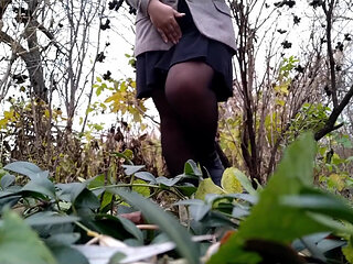 Mature MILF in Pantyhose Pees While Squatting