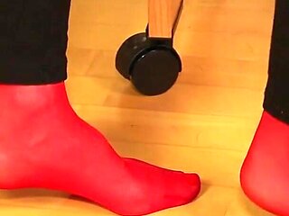Peeptoe Dangling in Red Stockings & Black Leggings