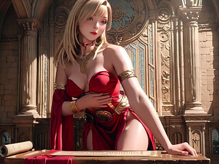 Blonde Queen in Red! Sitting by the fountain, adjusting her slit dress... Eyes locked on you.