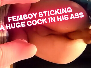 cute 18-year-old femboy shoving his big dick in his ass for the first time