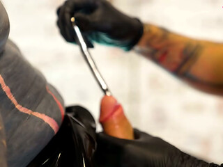 Three Cruel Latex Goddesses Destroy Tattooed Slave with Deep Sounding &amp_ Urethral Fingering