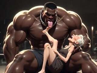 Old granny moans while her feet are sucked by a strong black man