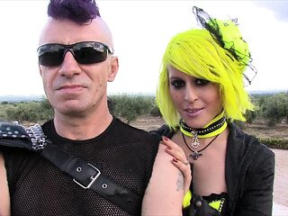 Hot punk or cosplay girl gets fucked outside with her couple