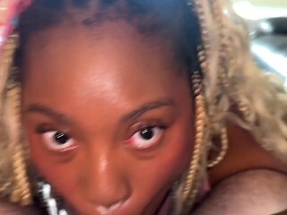 Amateur ebony Kara Nate gives a deepthroat blowjob and takes a cumshot
