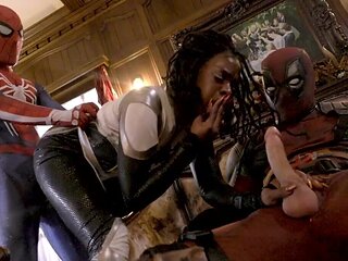 Two superhero hunks are having their way with a black babe