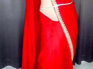 Gorgeous sexy stepmom hot red sexy satin saree and panty