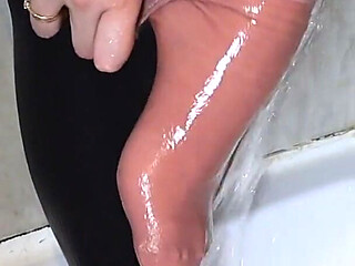 Thighjob Cumshot Showering with Clothes and Stripping Naked