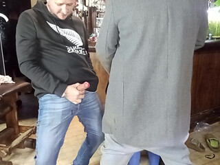 Good looking hotty  having fun two guys in the bar