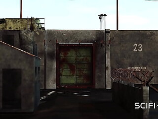 Lesbian sex with strapon in the sci-fi prison with tattooed girl and black woman