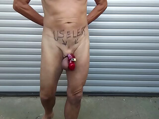 servenaked in peniscage pee outdoor and hot and horny fucks himself with different stuff