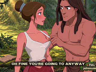 Jane and Tarzan first contact as he explores a woman's naked body