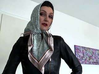Stylish JOI session with Victoria Valente in a satin headscarf and leather jacket