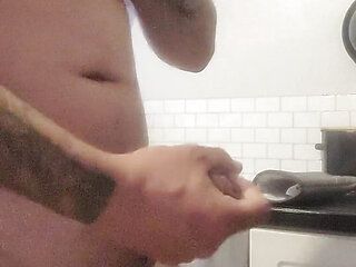 Horny Boy Wanking, Cumming Over Kitchen Counter & Licking in up